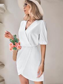SHEIN VCAY Surplice Neck Puff Sleeve Wrap Hem Dress - White - View 3