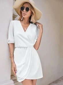 SHEIN VCAY Surplice Neck Puff Sleeve Wrap Hem Dress - White - View 5