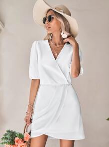 SHEIN VCAY Surplice Neck Puff Sleeve Wrap Hem Dress - White - View 6