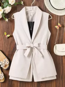 SHEIN 女孩青果領腰帶外套馬甲和短褲和吊帶上衣 - 彩色 - 查看 1