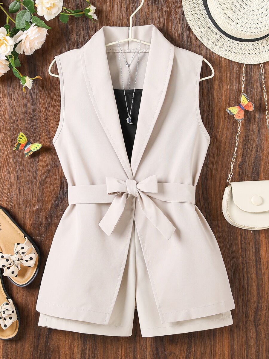 SHEIN 女孩青果領腰帶外套馬甲和短褲和吊帶上衣 - 彩色 - 查看 1