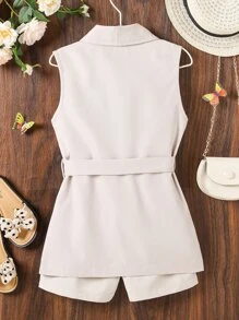 SHEIN 女孩青果領腰帶外套馬甲和短褲和吊帶上衣 - 彩色 - 查看 2