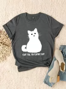 Flirla Plus Cat & Slogan Graphic Tee - Dark Grey - View 1