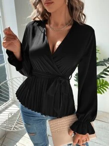 SHEIN LUNE Flounce Sleeve Belted Blouse - Black - View 1
