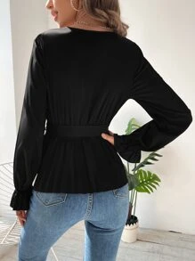 SHEIN LUNE Flounce Sleeve Belted Blouse - Black - View 2