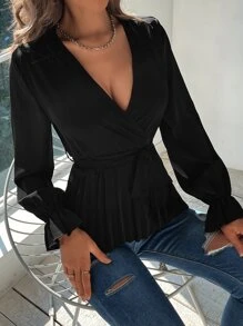 SHEIN LUNE Flounce Sleeve Belted Blouse - Black - View 6