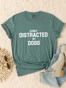 EMERY ROSE Plus Slogan Graphic Tee, Women Summer Top, EASILY DISTRACTED BY DOGS - Green - View 1
