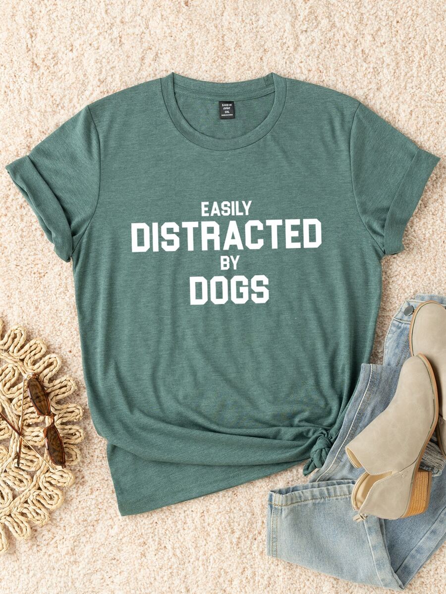 EMERY ROSE Plus Slogan Graphic Tee, Women Summer Top, EASILY DISTRACTED BY DOGS - Green - View 1