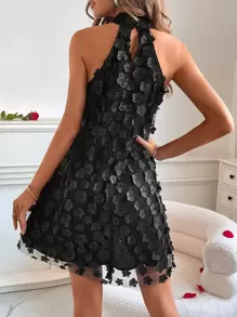 Glamine Charm Floral Appliques Mesh Overlay Halter Dress - Black - View 2