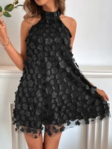 Glamine Charm Floral Appliques Mesh Overlay Halter Dress - Black - View 5