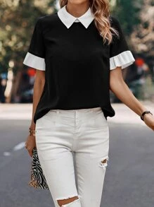 SHEIN LUNE Contrast Collar Flounce Sleeve Blouse - Black and White - View 1