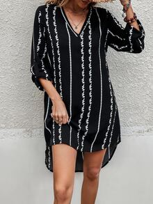 SHEIN LUNE 條紋印花捲邊袖高低下擺直筒連衣裙不附腰帶 - 黑與白 - 查看 6