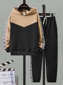 SHEIN Boys Letter Tape Panel Colourblock Hoodie & Joggers - Multicolor - View 1