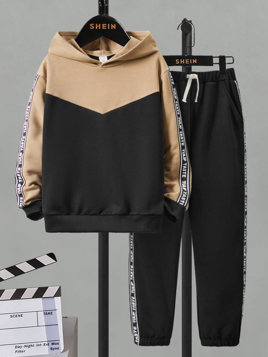 SHEIN Boys Letter Tape Panel Colourblock Hoodie & Joggers - Multicolor - View 1
