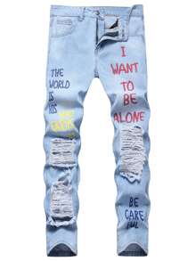 Manfinity Hombres Jeans desgarro con estampado de slogan - Lavado ligero - Ver 1