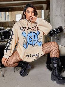 ROMWE PUNK Plus Size Cartoon & Letter Graphic Drop Shoulder Drawstring Sweatshirt - Apricot - View 1