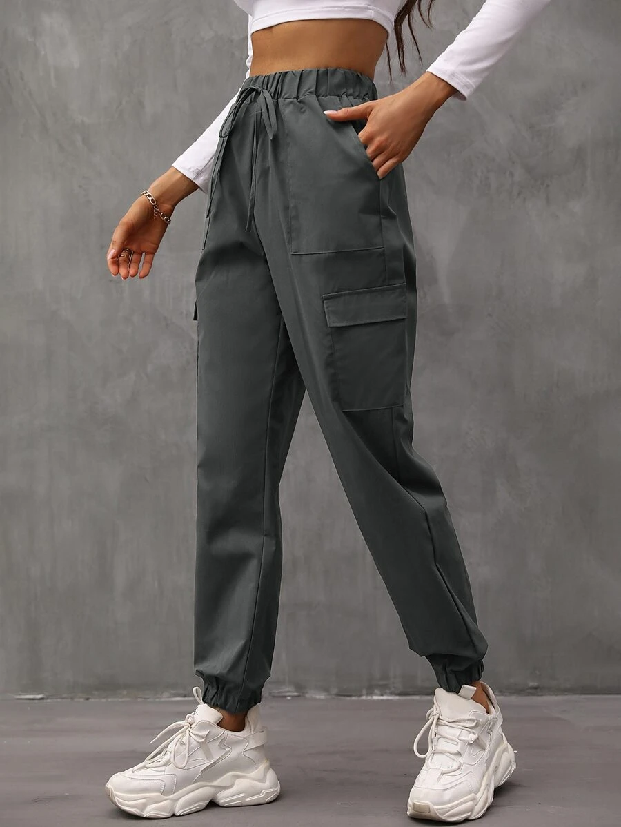 SHEIN Unity Drawstring Waist Flap Pocket Cargo Trousers - Dark Grey - View 1