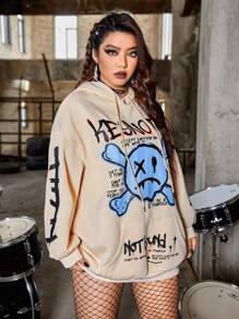 ROMWE PUNK Plus Size Cartoon & Letter Graphic Drop Shoulder Drawstring Sweatshirt - Apricot - View 3