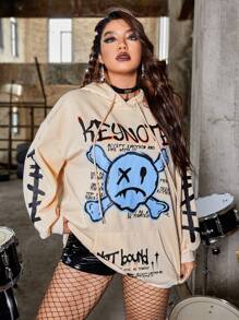 ROMWE PUNK Plus Size Cartoon & Letter Graphic Drop Shoulder Drawstring Sweatshirt - Apricot - View 5