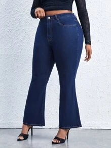 Plus High Waist Flare Leg Jeans - Dark Wash - View 5