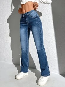 SHEIN Frenchy Quần jean nữ Nút Túi Dây kéo màu trơn - Rửa tối - Xem 2