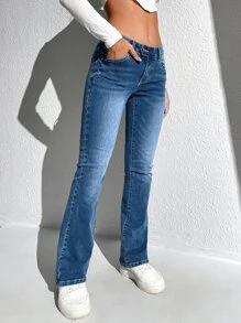 SHEIN Frenchy Quần jean nữ Nút Túi Dây kéo màu trơn - Rửa tối - Xem 3
