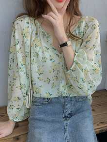 Blusa floral de manga raglán - verde menta - Ver 3