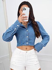 Camisa mezclilla con botón delantero crop - Azul lavado medio - Ver 1