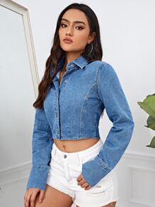 Camisa mezclilla con botón delantero crop - Azul lavado medio - Ver 4