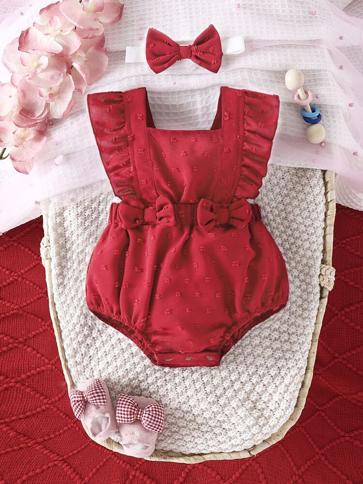Baby Girl Swiss Dot Ruffle Trim Bow Front Overall Bodysuit & Headband
