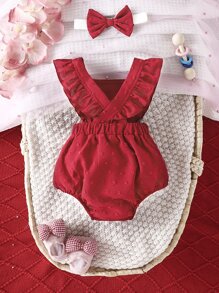 Baby Girl Swiss Dot Ruffle Trim Bow Front Overall Bodysuit & Headband - Burgundy - View 2