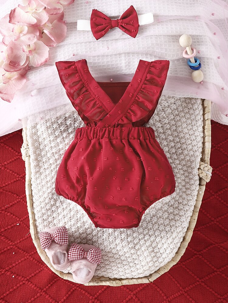 Baby Girl Swiss Dot Ruffle Trim Bow Front Overall Bodysuit & Headband