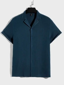 GENTILAND Men Lapel Collar Button Front Shirt - Teal Blue - View 1