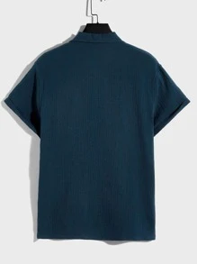 GENTILAND Men Lapel Collar Button Front Shirt - Teal Blue - View 2