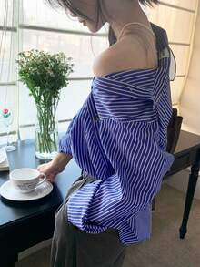 Vertical Stripe Asymmetrical Neck Blouse - Blue - View 3