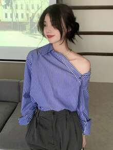 Vertical Stripe Asymmetrical Neck Blouse - Blue - View 4