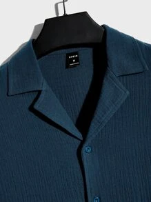 GENTILAND Men Lapel Collar Button Front Shirt - Teal Blue - View 4