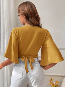 SHEIN VCAY Twist Front Tie Back Crop Blouse - Mustard Yellow - View 2