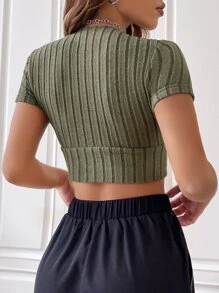 SHEIN EZwear Gorpcore Surplice Neck Ribbed Knit Crop Tee - Army Green - View 4