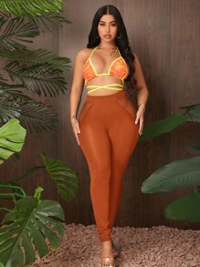 SHEIN SXY Mesh Insert Solid Leggings - Burnt Orange - View 6