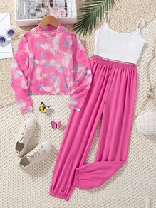 Girls Cami Top & Butterfly Print Tee & Joggers - Multicolor - View 1