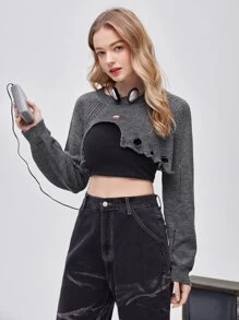SHEIN MOD Suéter corto con mangas raglán rasgadas, blusas de manga larga para otoño/invierno - Gris Oscuro - Ver 1