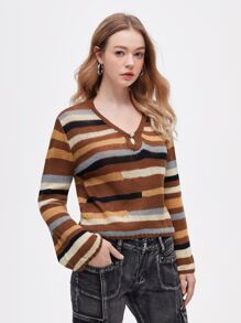 SHEIN MOD 條紋圖案荷葉袖套頭毛衣 - 彩色 - 查看 1