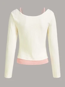 2 In 1 Colorblock Ribbed Tee - Apricot - View 2