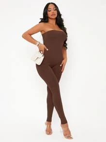 SHEIN SXY Solid Backless Tube Unitard Jumpsuit - Chocolate Brown - View 1