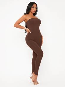 SHEIN SXY Solid Backless Tube Unitard Jumpsuit - Chocolate Brown - View 3