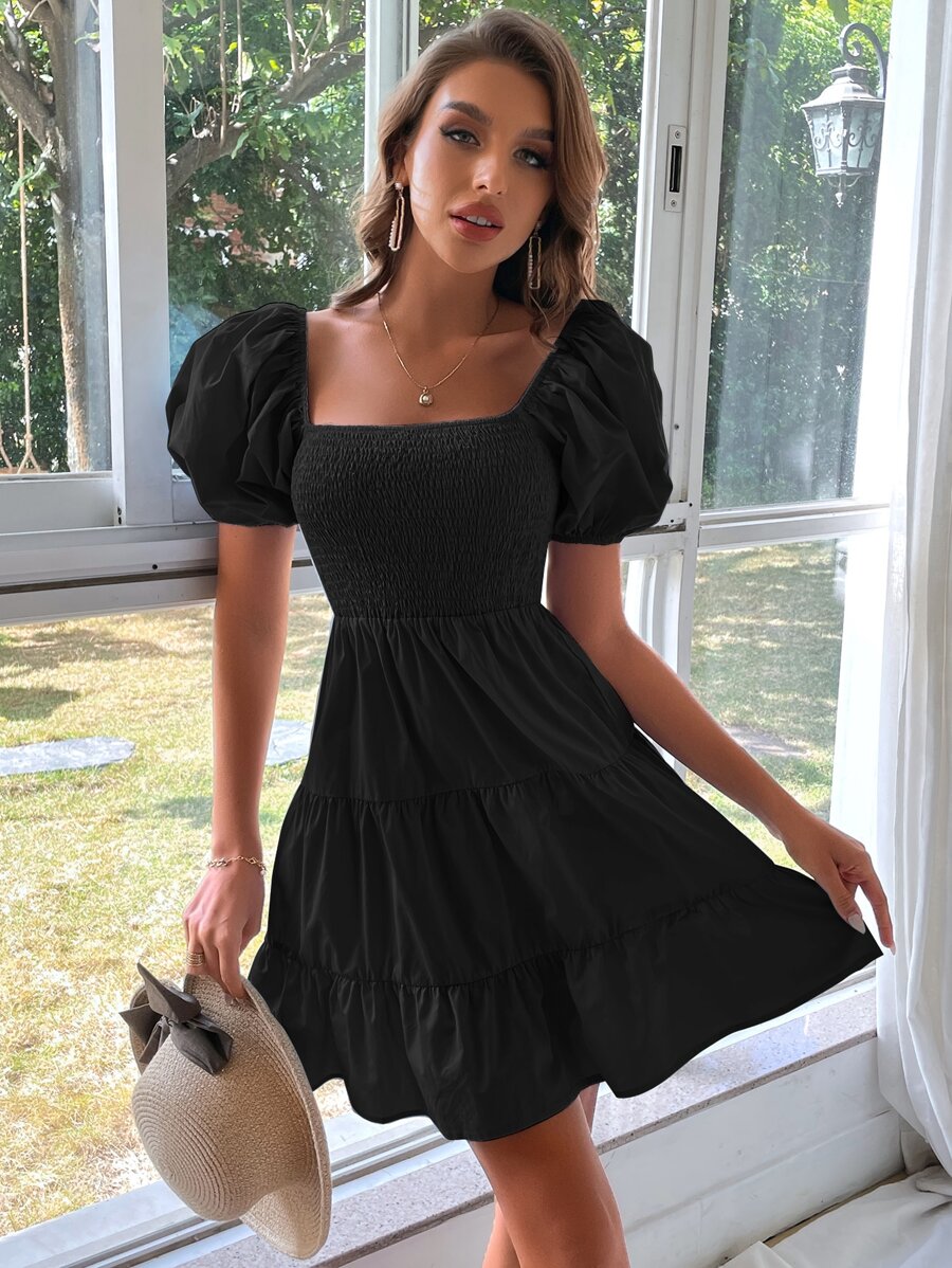 SHEIN VCAY Square Neck Puff Sleeve Ruffle Hem Dress - Black - View 1