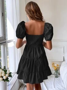 SHEIN VCAY Square Neck Puff Sleeve Ruffle Hem Dress - Black - View 2