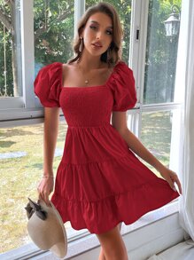 SHEIN VCAY Vestido de cuello cuadrado de manga farol bajo con fruncido - Rojo - Ver 1