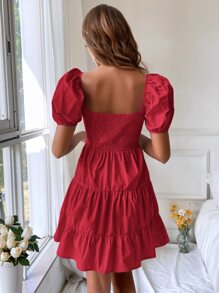 SHEIN VCAY Vestido de cuello cuadrado de manga farol bajo con fruncido - Rojo - Ver 2
